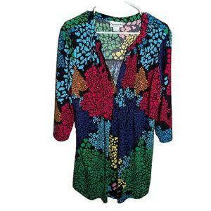 Serengeti Blouse Women's Large V-Neck 3/4 Sleeve Artsy Colorful Casual Top Shirt